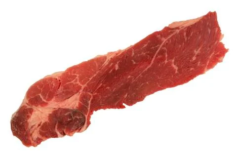 Thick cut slice of fresh raw Beef meat with some fat on white background Stock-Fotos