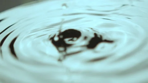 Thick droplets make big wave circles on water in bowl Stock Footage 231725313
