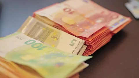 Thick Euro Banknote Stacks On Payday - Inflation And Value Erosion Video stock 324945004