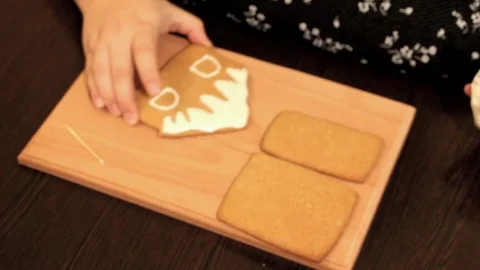 Thick female hand dries gingerbread house with icing Stock Footage 101818210