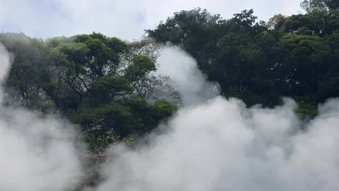 Thick geothermal steam rises from the hot spring at Umi Jigoku.  Stock Footage 335694145