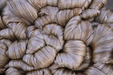 Thick Golden bundle of raw jute fiber Pattern Texture Stock Photos