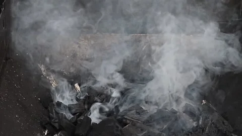 Thick Gray Smoke Over The Coals In The Grill. Preparation Of Coals For Barbecue Stock Footage 237532361