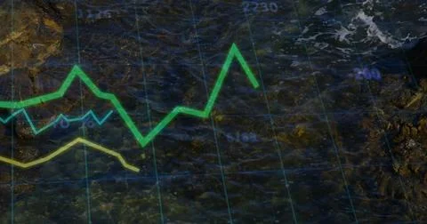 Thick green, thin yellow, light-blue graphs fluctuating in open sea grid, 库存插图