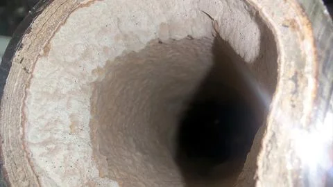 Thick Limestone Coating Inside Pipe Observed During Inspection in Industria.. Stock Photos