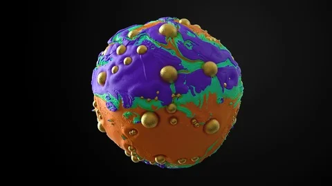 Thick liquid multi-colored acrylic ball with golden bubbles spinning on a black  Stock Footage 125066404