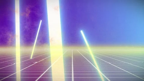 Thick neon column glowing in retro flat design scene, showing grid floor and Video stock 326187171