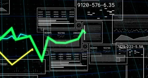 Thick neon green zigzag line rising across UI panels with thin yellow line Video stock 309108875