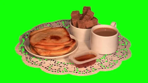Thick pancakes, cane sugar, white coffee, jam on paper napkin Stock Footage 48465919