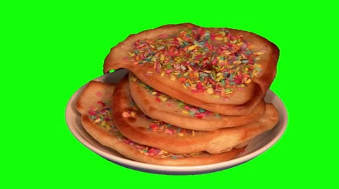 Thick pancakes with colored coconut shaving on saucer Video stock 48610108