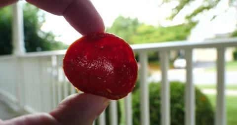 Thick pepperoni being held in hand outside during the day close up on hands Stock Footage 205489510