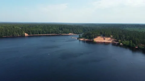 Thick pine forests surround wide river with sandy beaches Stock Footage 218641099