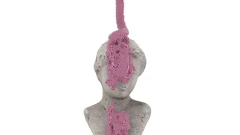 Thick pink-gray paint is squeezed out onto an antique female head, but flows Stock Footage 156043706
