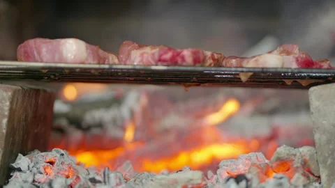 Thick pork pieces grilling over coals in brick fire pit Stock Footage 332197670