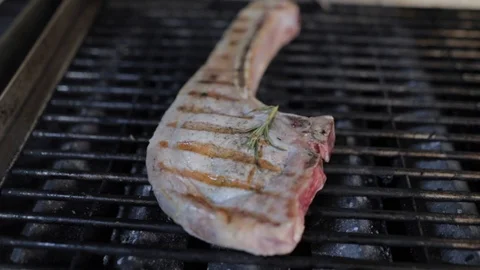 Thick pork steak on the grill Stock Footage 102519126