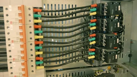 Thick power wires connect electrical devices in industrial equipment 스톡 동영상 333348552