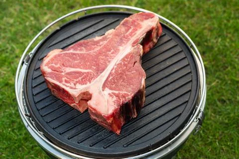 Thick Raw T-Bone Steak with Seasoning and Rosemary Stock Photos