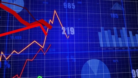 Thick red ribbon sweeping across orange line, causing dips, numbers shifting, Video stock 329835955