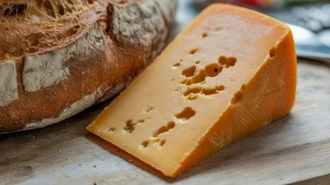 Thick slice of crusty bread with a golden-brown crust on a wooden surface Foto stock