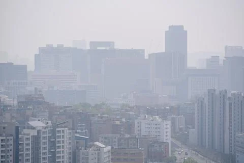 Thick smog and pollution covering cityscape of Seoul capital, of South Korea Stock Photos