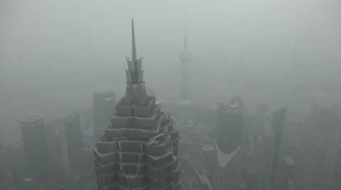 Thick smog limits visibility towards the Shanghai skyline, China air pollution Video stock 67543029