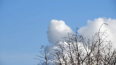 Thick smoke rises out of a chimney into the blue sky Stock Footage 106325399