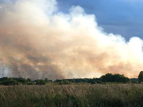 Thick smoke from a summer fire rises into the blue sky. Summer landscape Stock Photos