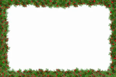 Thick spruce branches with cones and balls located at the edges of the white  Stock Photos