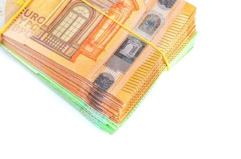 A thick stack of euro currency notes, including 50 euro bills, is neatly se.. Фото