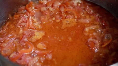 Thick Tomato Sauce Bubbling In Pot With Hot Steam Rising Close Up Stock Footage 330119337