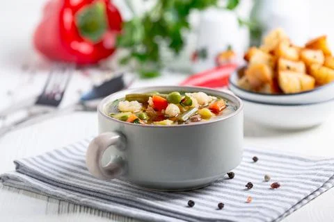 Thick vegetable soup close up. Stock Photos