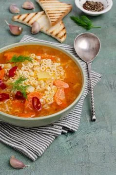 Thick vegetable soup with pasta Stock Photos