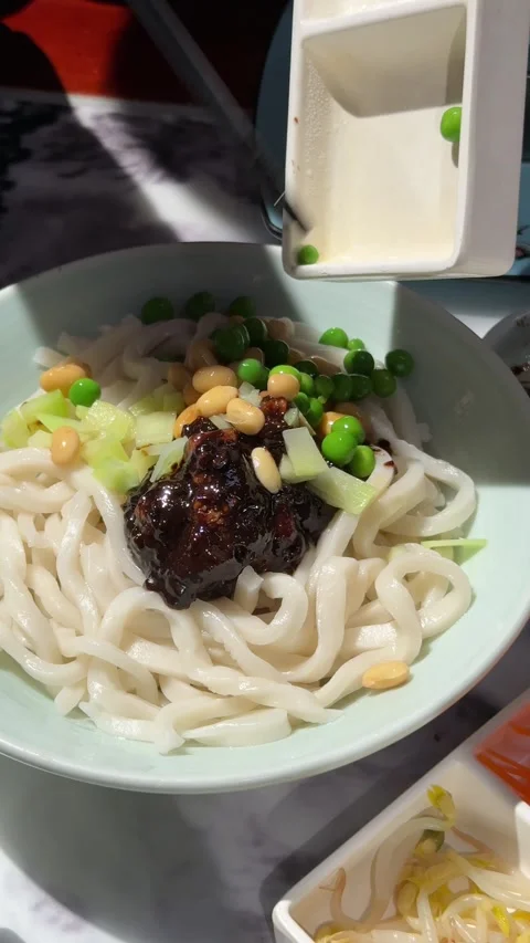 Thick Wheat Noodles with Black Bean Sauce and Vegetables Stock Footage 345398831