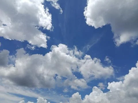 Thick White Clouds in Blue Sky, Dramatic Cumulus Cloudscape Stock Photos