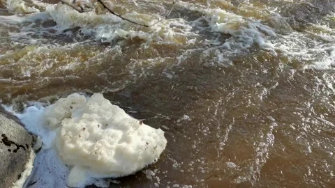 Thick white foam on the surface of the river. Vídeos de archivo 163196298