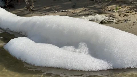 Thick White Sea Foam on the Beach Shoreline Stock Footage 344020471