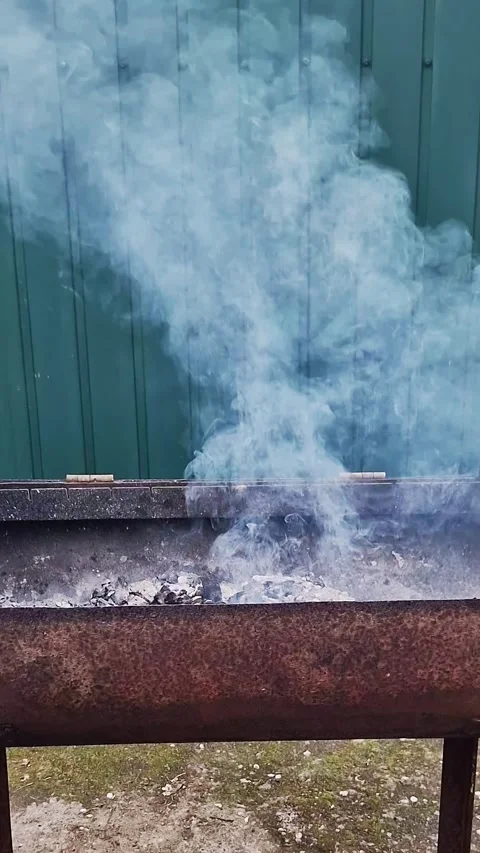 Thick White Smoke Rising from Rusty Metal Barbecue Grill Outdoors Stock Footage 339003925