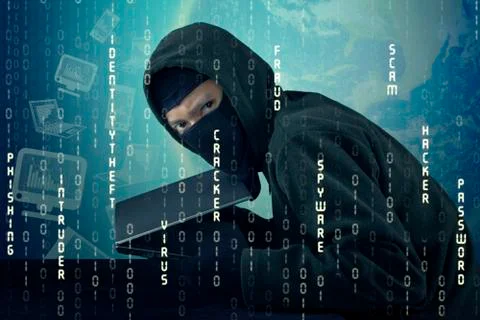 Thief with binary code stealing laptop 스톡 사진
