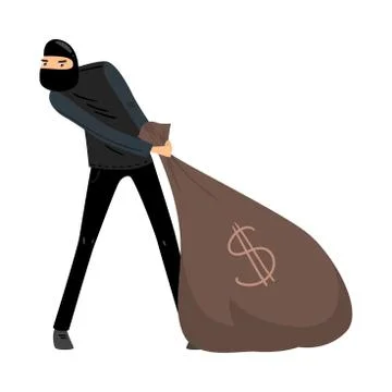 Thief in black mask pulls a bag of money. Vector illustration in flat cartoon Stock Illustration