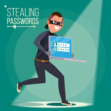 Thief Character Vector. Hacker Stealing Sensitive Data, Money From Laptop Stockillustratie