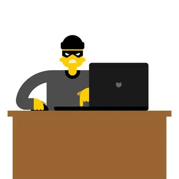 Thief at computer. online steal. Internet stealing Illustrazione stock
