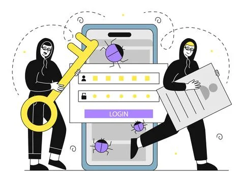 Thief cyber attack. Men in mask and hoodie with key near smartphone screen Stock Illustration