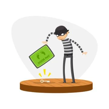 A thief found a key below doormat. Isolated Vector Illustration Stock Illustration