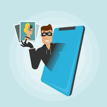 The thief gets into the phone and pulls out personal data and photos. Illustrazione stock