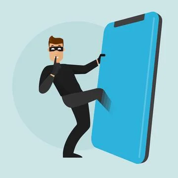 A thief gets into the phone.  Stealing data from the phone.Breaking the secur Illustrazione stock
