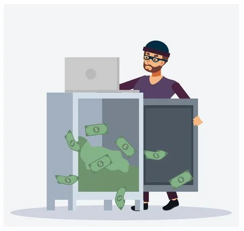 Thief Hacker is hacking data in laptop to steal money like steal money in saf Illustrazione stock