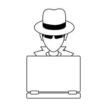 Thief hacker with laptop avatar in black and white Stock-Illustration