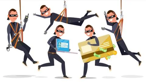 Thief, Hacker Man Set Vector. Stealing Credit Card Information, Personal Data Illustrazione stock
