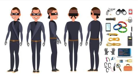 Thief, Hacker Set Vector. Stealing Credit Card Information, Personal Data, Money Illustrazione stock