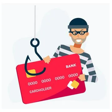 Thief Hacker stealing credit card. Flat Vector cartoon character, hacker atta Stock Illustration